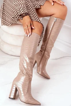 Clearance Boto Ocieplane Kozaki Na Słupku Beżowe Larissa