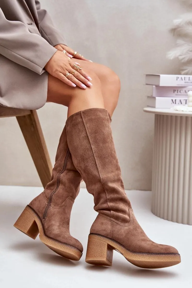 Kozaki Ocieplane|Kozaki Na Słupku>Boto Ocieplane Kozaki Na Słupku Eko Zamszowe Przed Kolano Brązowe Leamirael