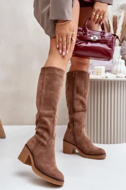 Kozaki Ocieplane|Kozaki Na Słupku>Boto Ocieplane Kozaki Na Słupku Eko Zamszowe Przed Kolano Brązowe Leamirael