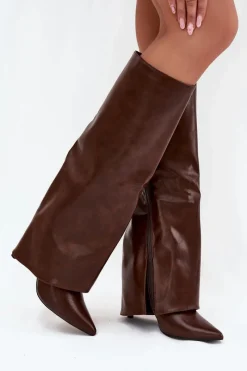 Clearance Boto Ocieplane Kozaki Na Szpilce Z Wywiniętą Cholewką Czekoladowe Tamonia Brązowy