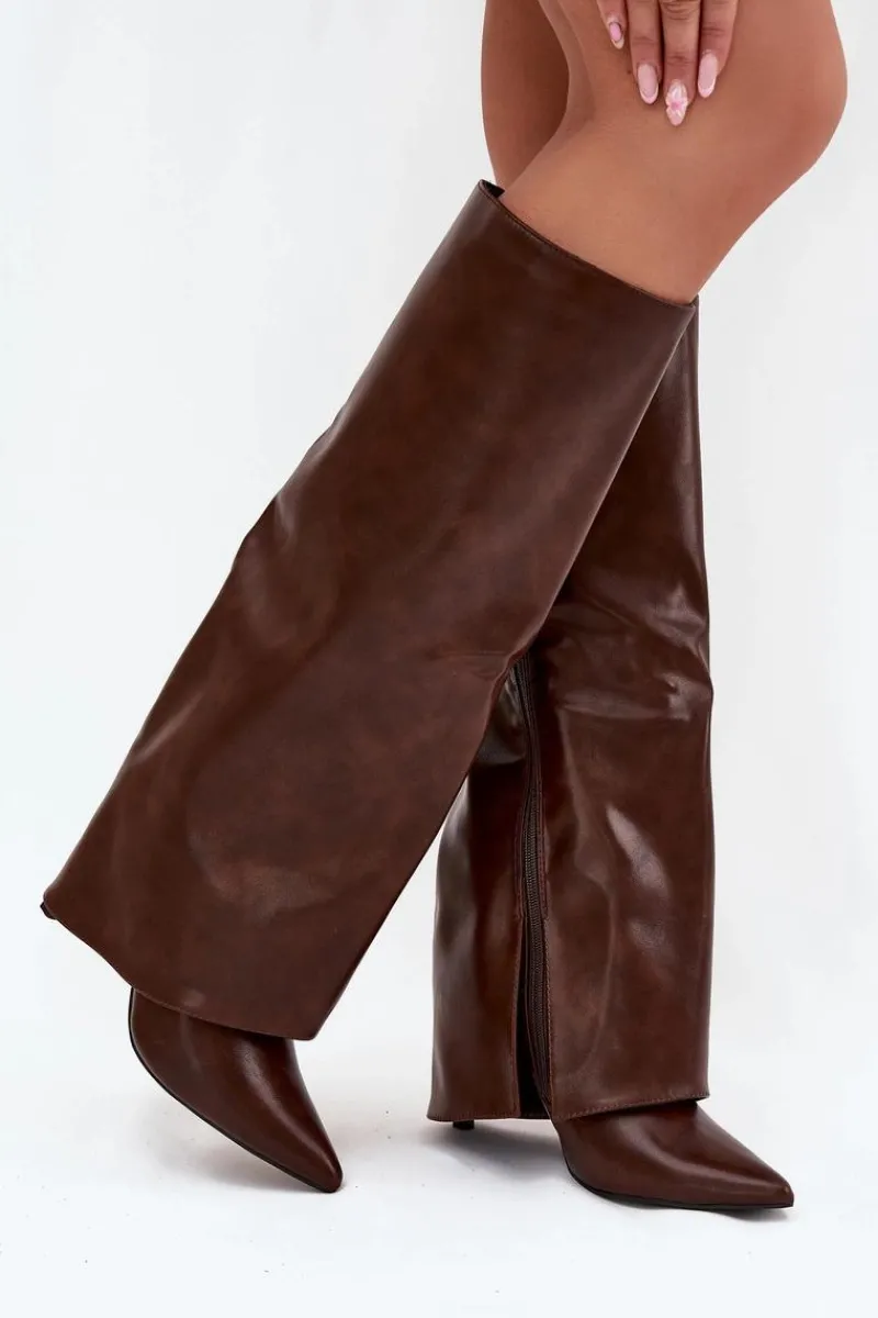 Clearance Boto Ocieplane Kozaki Na Szpilce Z Wywiniętą Cholewką Czekoladowe Tamonia Brązowy