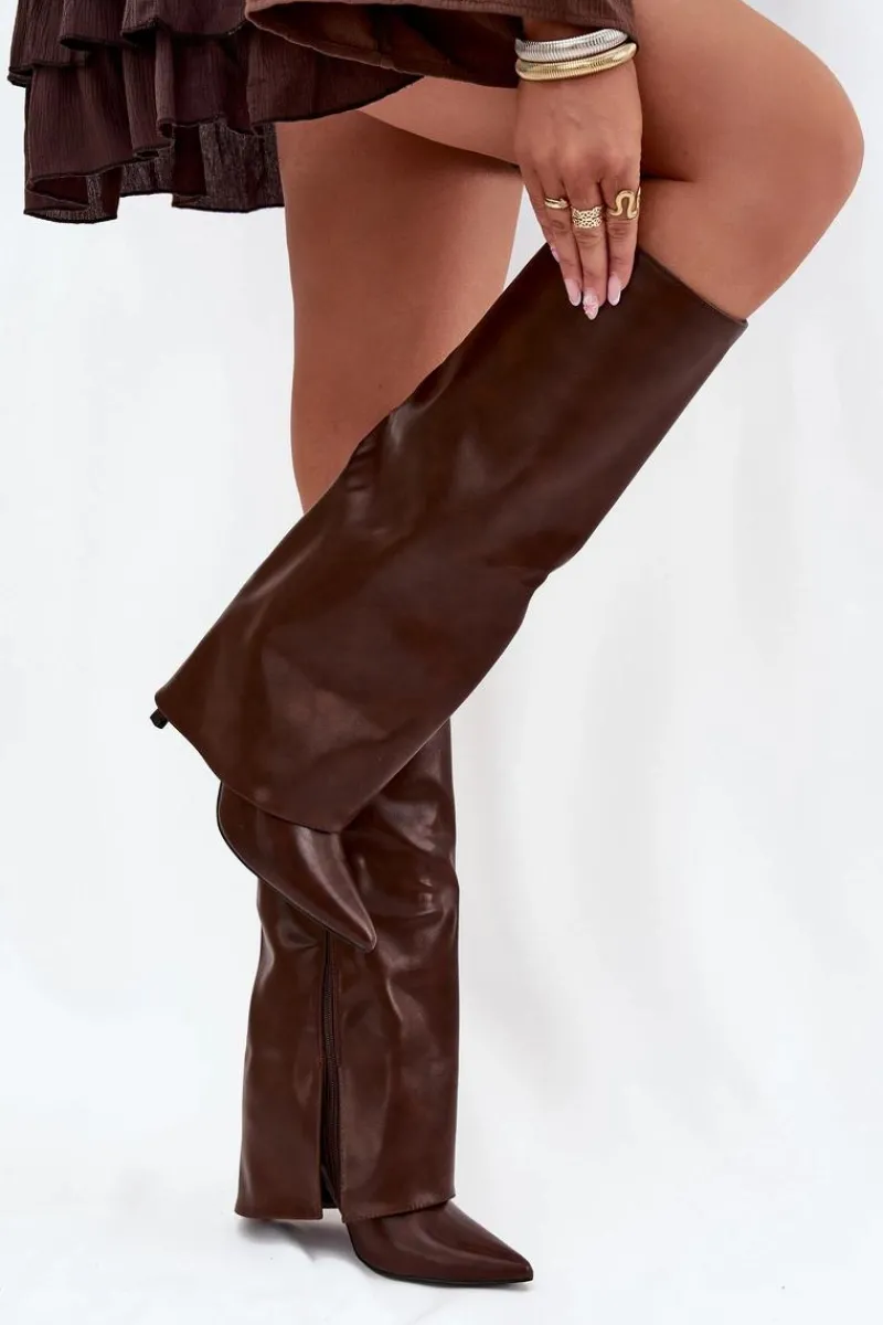 Clearance Boto Ocieplane Kozaki Na Szpilce Z Wywiniętą Cholewką Czekoladowe Tamonia Brązowy