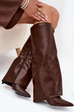 Clearance Boto Ocieplane Kozaki Na Szpilce Z Wywiniętą Cholewką Czekoladowe Tamonia Brązowy