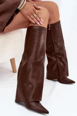 Clearance Boto Ocieplane Kozaki Na Szpilce Z Wywiniętą Cholewką Czekoladowe Tamonia Brązowy