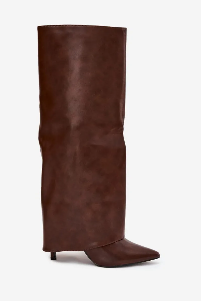 Clearance Boto Ocieplane Kozaki Na Szpilce Z Wywiniętą Cholewką Czekoladowe Tamonia Brązowy