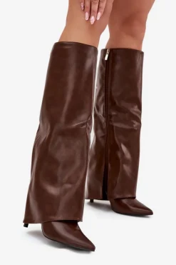Clearance Boto Ocieplane Kozaki Na Szpilce Z Wywiniętą Cholewką Czekoladowe Tamonia Brązowy