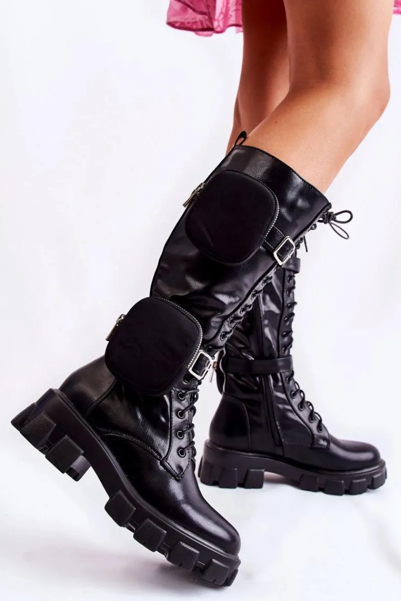 Online Boto Ocieplane Kozaki Z Torebkami Czarne Military