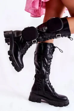 Online Boto Ocieplane Kozaki Z Torebkami Czarne Military