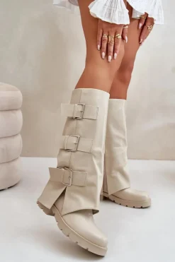 Kozaki Płaskie|Kozaki Przed Kolano>Boto Ocieplane Kozaki Z Wywiniętą Cholewką I Klamrami Jasnobeżowe Cialetta