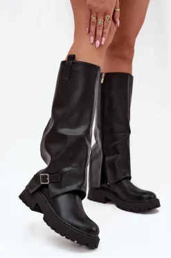 Best Ocieplane Kozaki Z Wywiniętą Cholewką I Klamrą Czarne Fiorae Damskie Kozaki Ocieplane|Kozaki Z Wywiniętą Cholewką