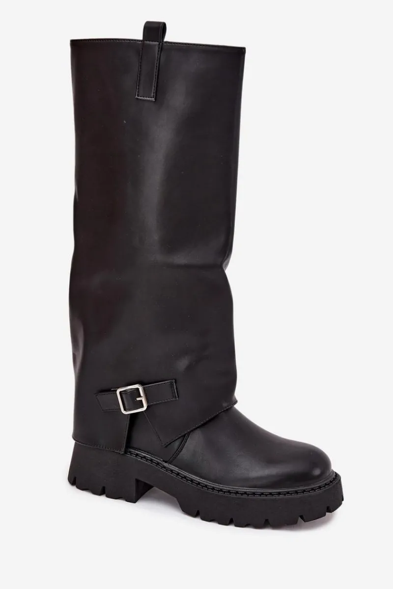 Best Ocieplane Kozaki Z Wywiniętą Cholewką I Klamrą Czarne Fiorae Damskie Kozaki Ocieplane|Kozaki Z Wywiniętą Cholewką