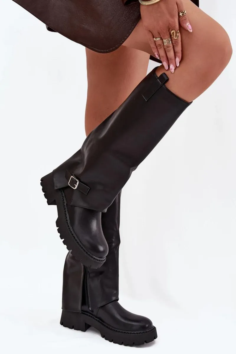 Best Ocieplane Kozaki Z Wywiniętą Cholewką I Klamrą Czarne Fiorae Damskie Kozaki Ocieplane|Kozaki Z Wywiniętą Cholewką