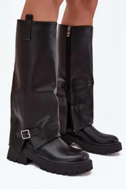 Best Ocieplane Kozaki Z Wywiniętą Cholewką I Klamrą Czarne Fiorae Damskie Kozaki Ocieplane|Kozaki Z Wywiniętą Cholewką