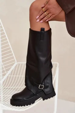 Best Ocieplane Kozaki Z Wywiniętą Cholewką I Klamrą Czarne Fiorae Damskie Kozaki Ocieplane|Kozaki Z Wywiniętą Cholewką