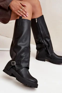 Best Ocieplane Kozaki Z Wywiniętą Cholewką I Klamrą Czarne Fiorae Damskie Kozaki Ocieplane|Kozaki Z Wywiniętą Cholewką