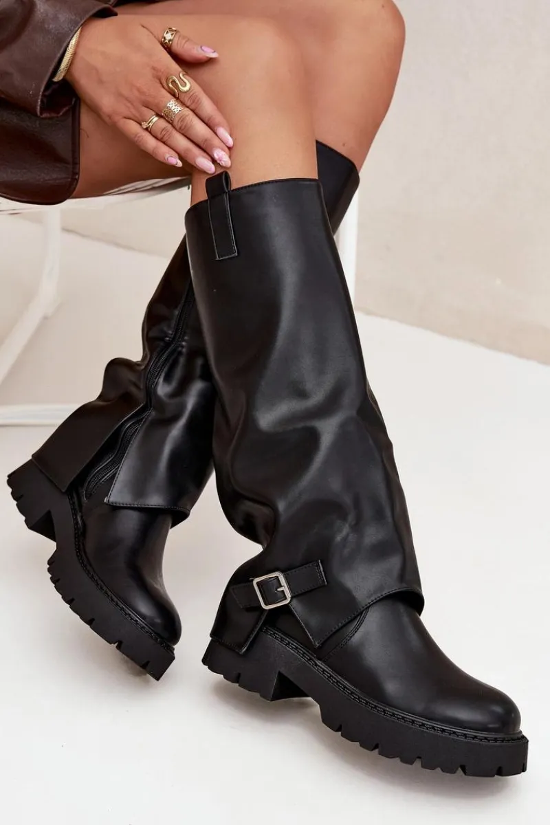 Best Ocieplane Kozaki Z Wywiniętą Cholewką I Klamrą Czarne Fiorae Damskie Kozaki Ocieplane|Kozaki Z Wywiniętą Cholewką