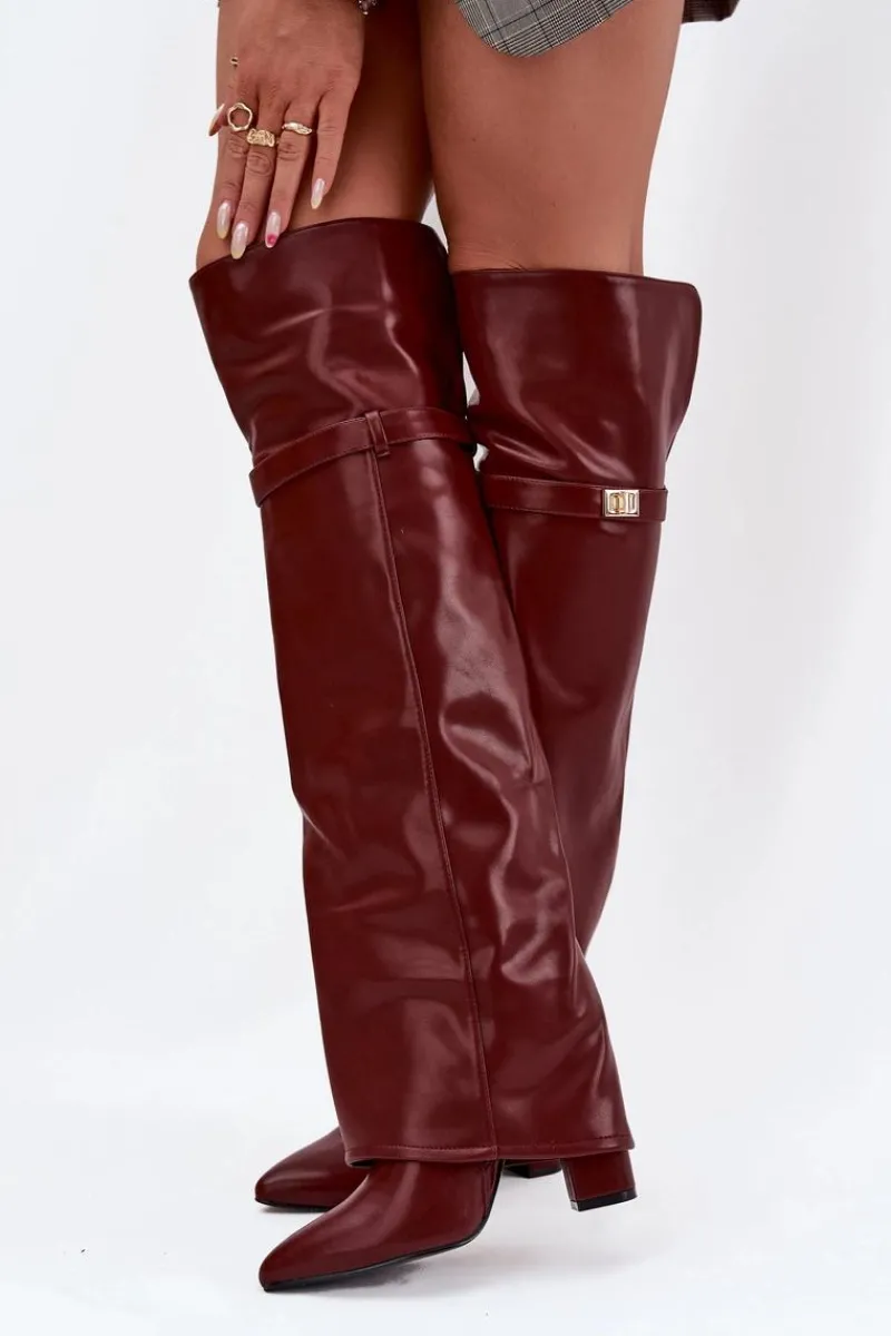 Online Boto Ocieplane Kozaki Z Wywiniętą Cholewką Za Kolano Obcas Słupek Bordowe Serelle