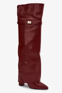 Online Boto Ocieplane Kozaki Z Wywiniętą Cholewką Za Kolano Obcas Słupek Bordowe Serelle
