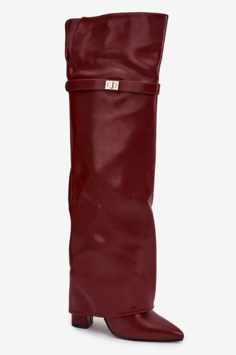 Online Boto Ocieplane Kozaki Z Wywiniętą Cholewką Za Kolano Obcas Słupek Bordowe Serelle