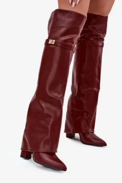Online Boto Ocieplane Kozaki Z Wywiniętą Cholewką Za Kolano Obcas Słupek Bordowe Serelle