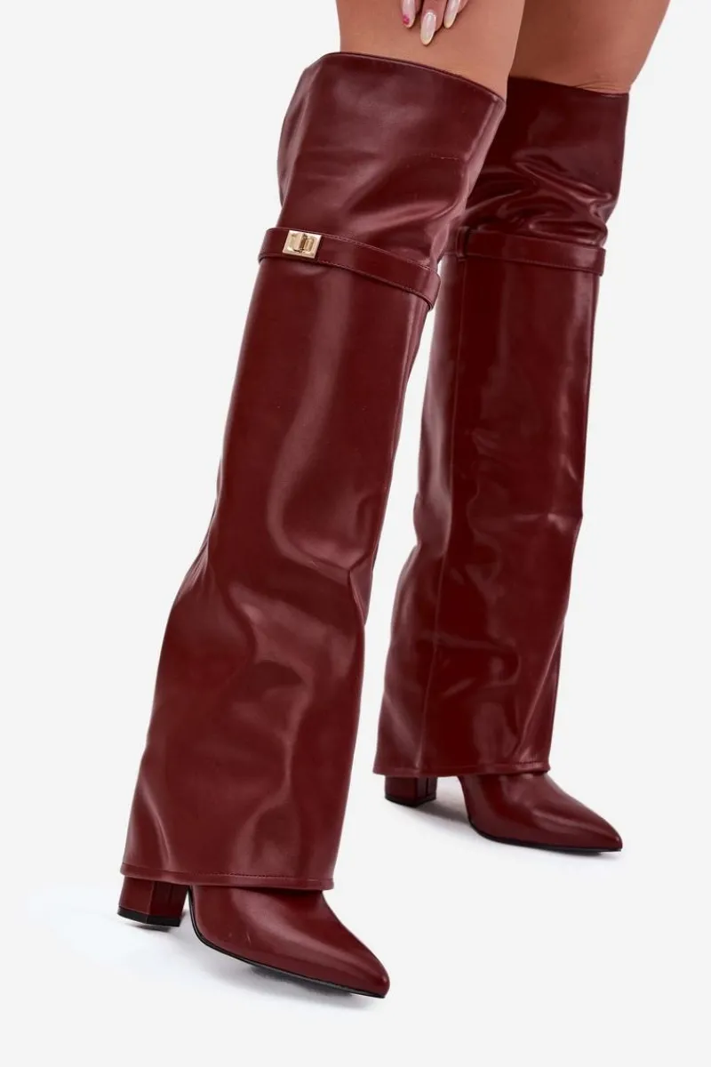 Online Boto Ocieplane Kozaki Z Wywiniętą Cholewką Za Kolano Obcas Słupek Bordowe Serelle