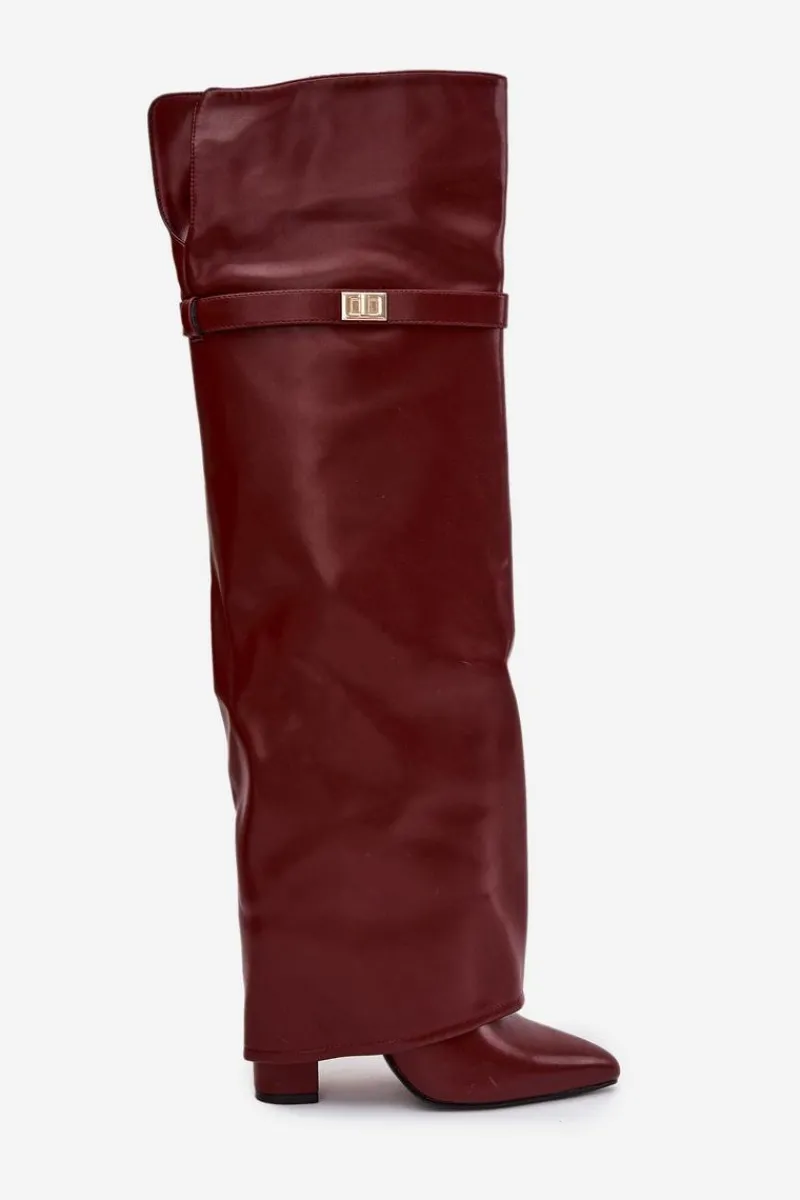 Online Boto Ocieplane Kozaki Z Wywiniętą Cholewką Za Kolano Obcas Słupek Bordowe Serelle
