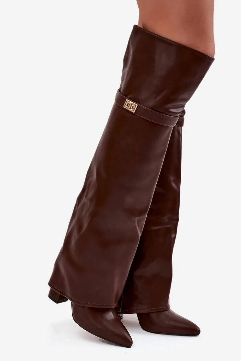 Kozaki Ocieplane|Muszkieterki>Boto Ocieplane Kozaki Z Wywiniętą Cholewką Za Kolano Obcas Słupek Brązowe Serelle Brązowy