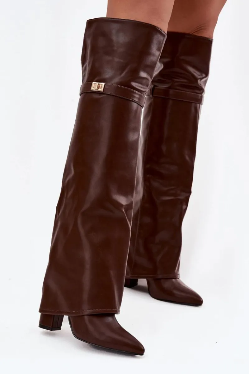 Kozaki Ocieplane|Muszkieterki>Boto Ocieplane Kozaki Z Wywiniętą Cholewką Za Kolano Obcas Słupek Brązowe Serelle Brązowy