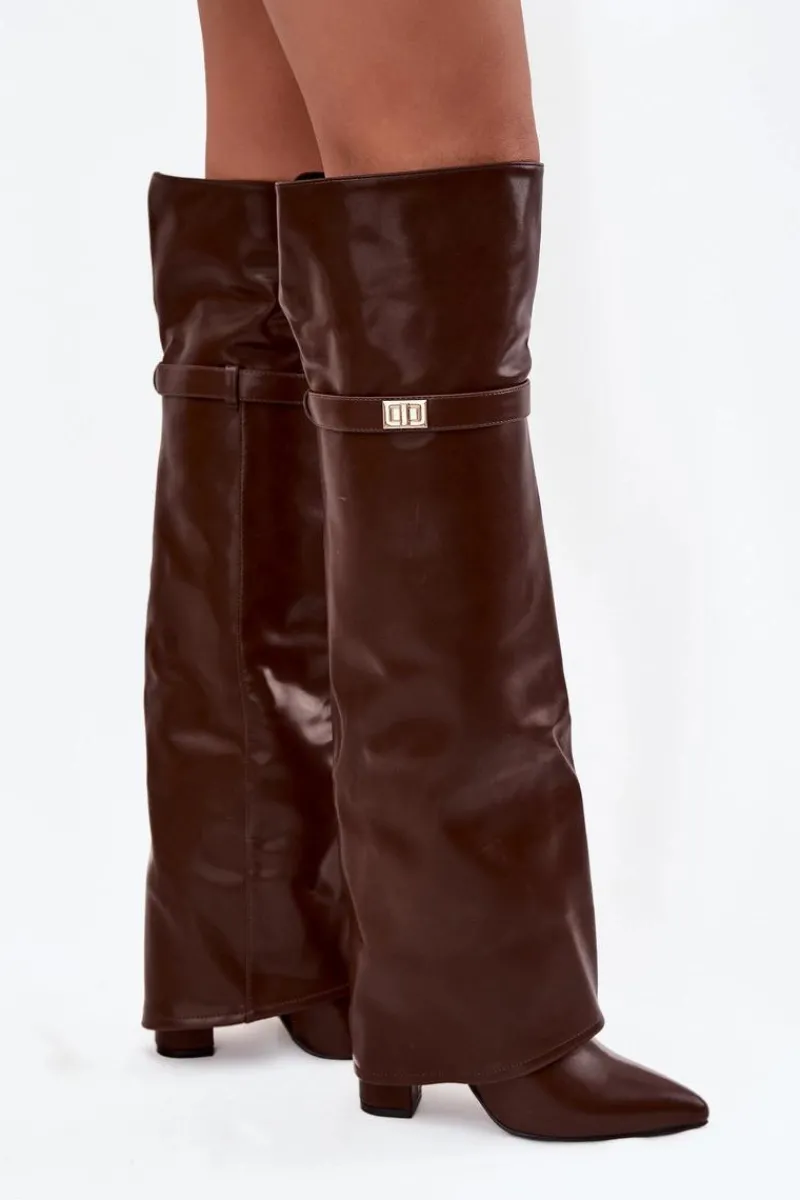 Kozaki Ocieplane|Muszkieterki>Boto Ocieplane Kozaki Z Wywiniętą Cholewką Za Kolano Obcas Słupek Brązowe Serelle Brązowy