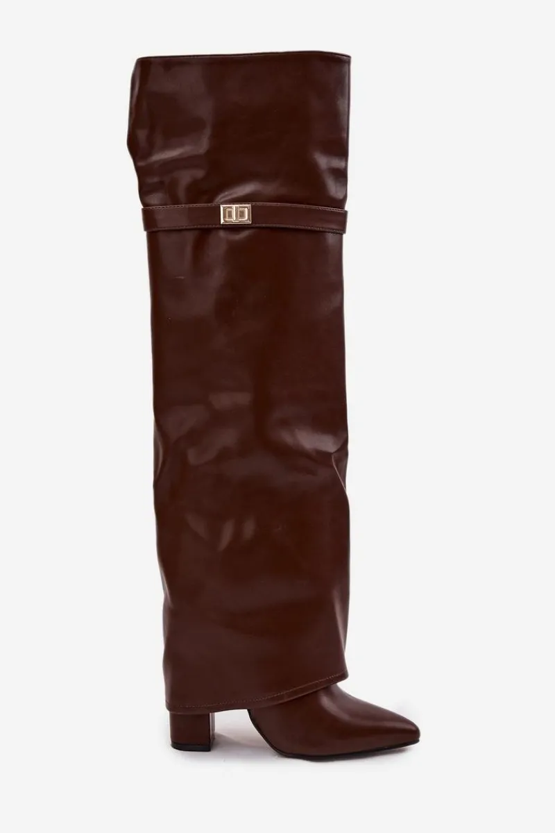 Kozaki Ocieplane|Muszkieterki>Boto Ocieplane Kozaki Z Wywiniętą Cholewką Za Kolano Obcas Słupek Brązowe Serelle Brązowy