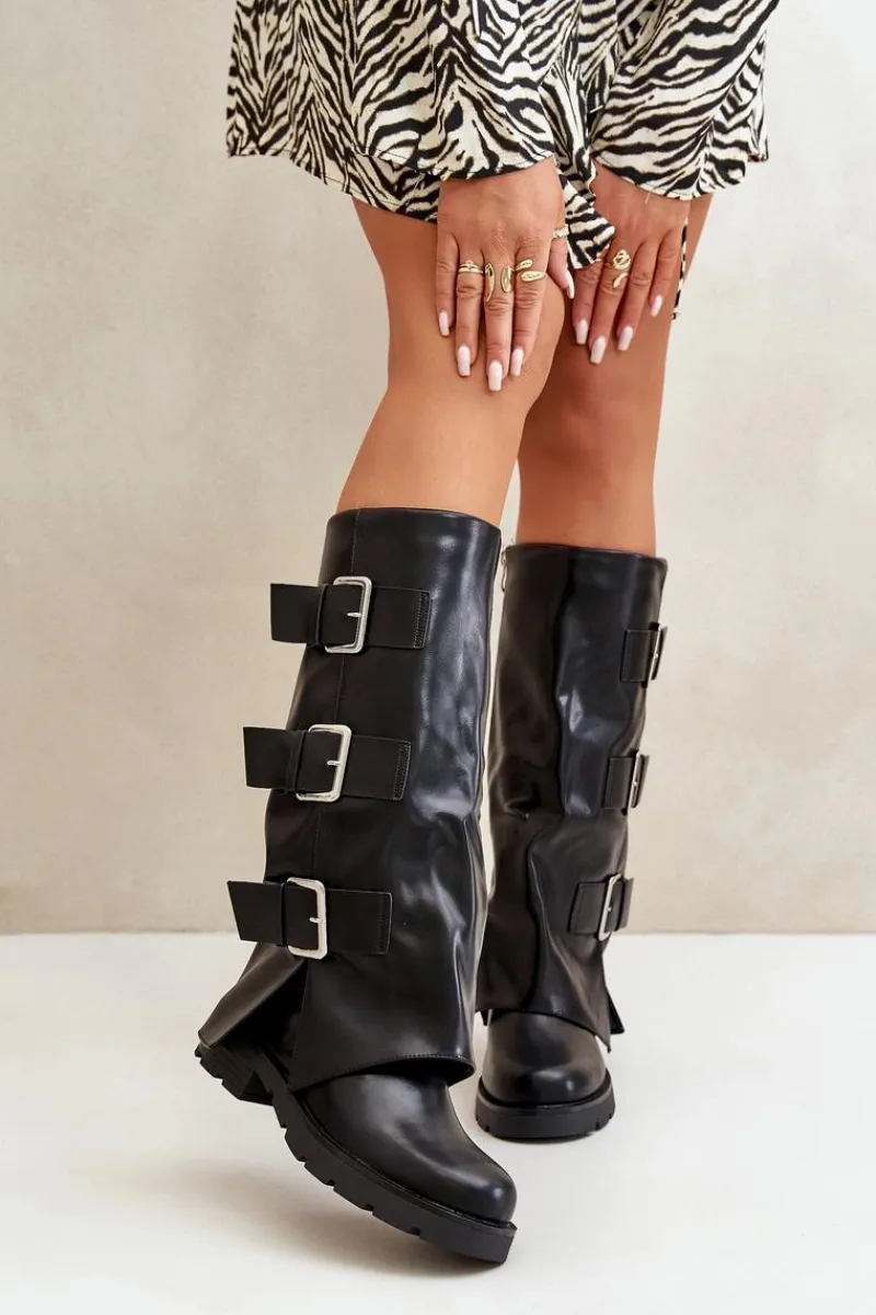 Best Boto Ocieplane Kozaki Z Wywiniętą Cholewką I Klamrami Czarne Cialetta