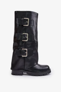 Best Boto Ocieplane Kozaki Z Wywiniętą Cholewką I Klamrami Czarne Cialetta