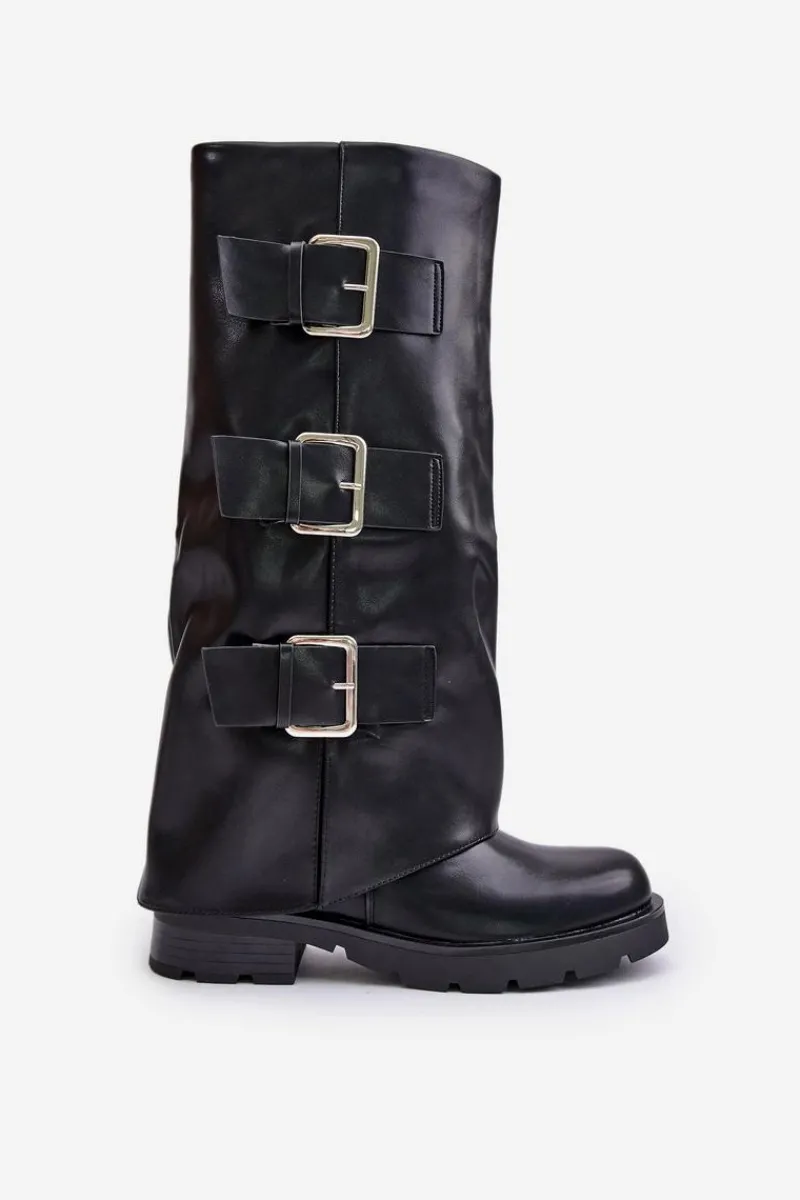 Best Boto Ocieplane Kozaki Z Wywiniętą Cholewką I Klamrami Czarne Cialetta