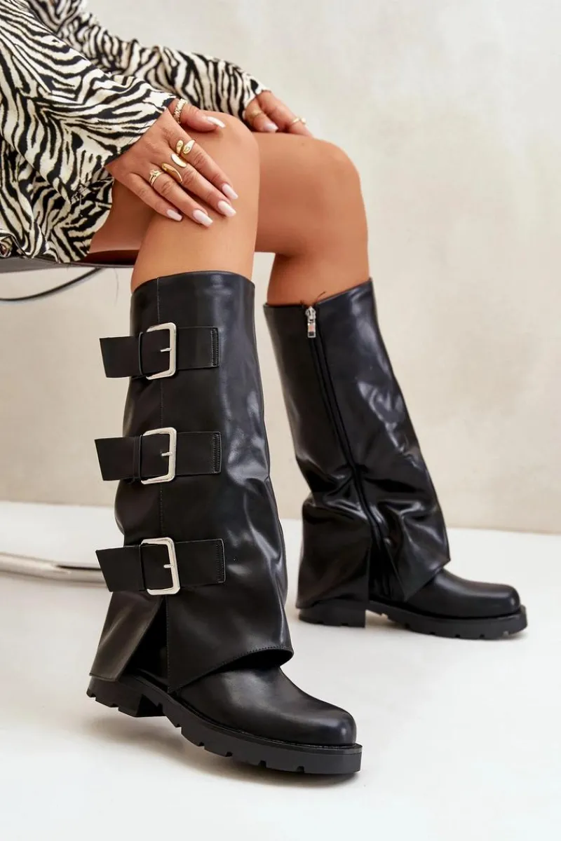 Best Boto Ocieplane Kozaki Z Wywiniętą Cholewką I Klamrami Czarne Cialetta