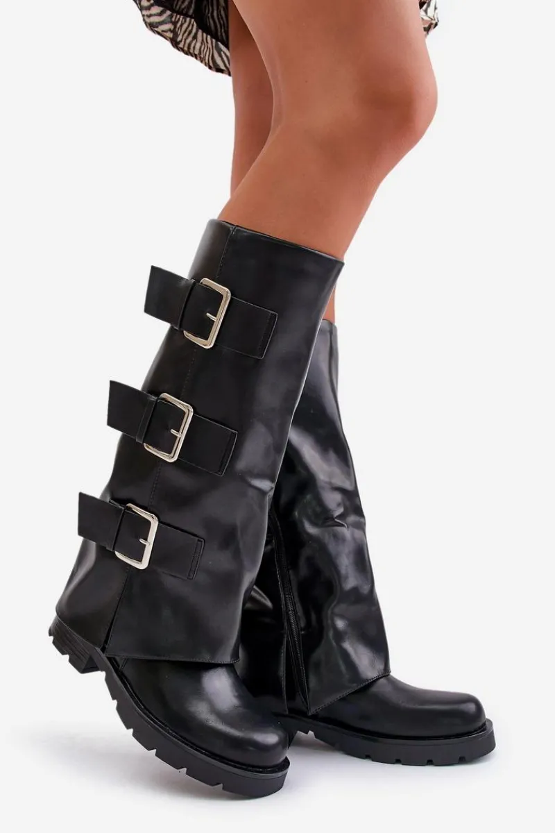 Best Boto Ocieplane Kozaki Z Wywiniętą Cholewką I Klamrami Czarne Cialetta