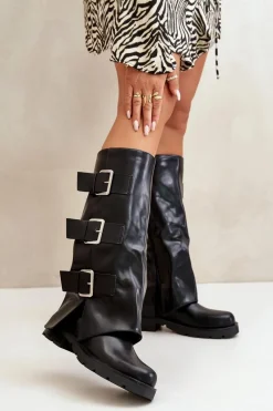 Best Boto Ocieplane Kozaki Z Wywiniętą Cholewką I Klamrami Czarne Cialetta