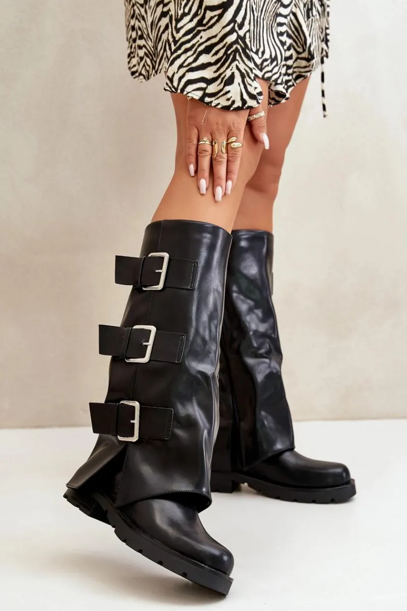 Best Boto Ocieplane Kozaki Z Wywiniętą Cholewką I Klamrami Czarne Cialetta