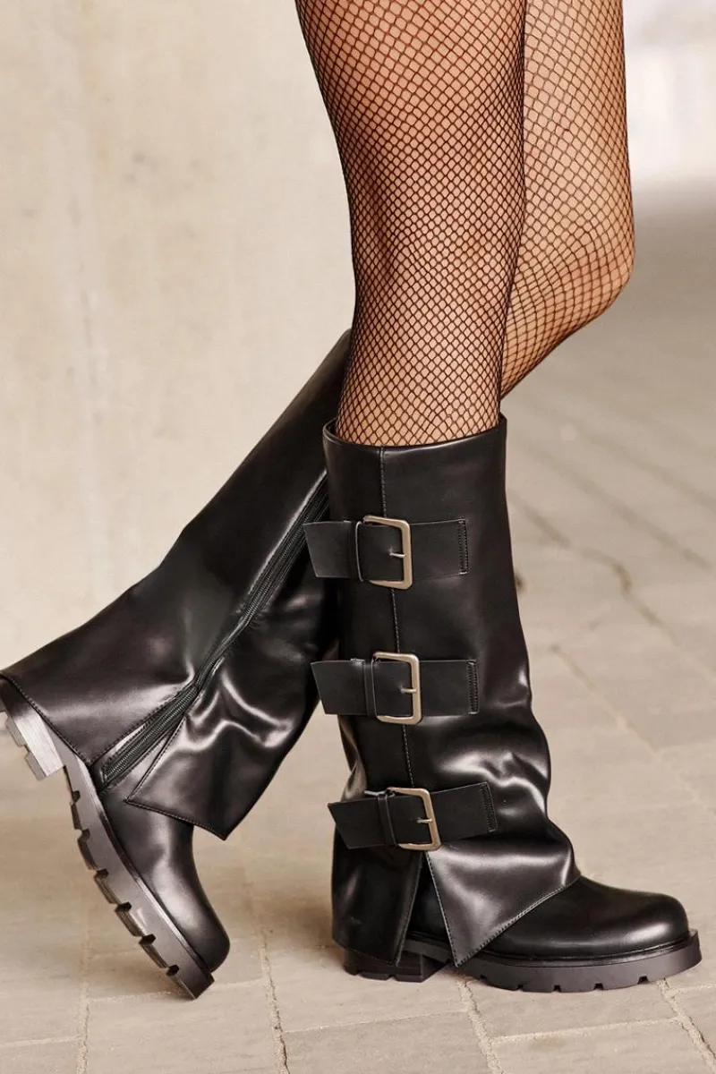 Best Boto Ocieplane Kozaki Z Wywiniętą Cholewką I Klamrami Czarne Cialetta