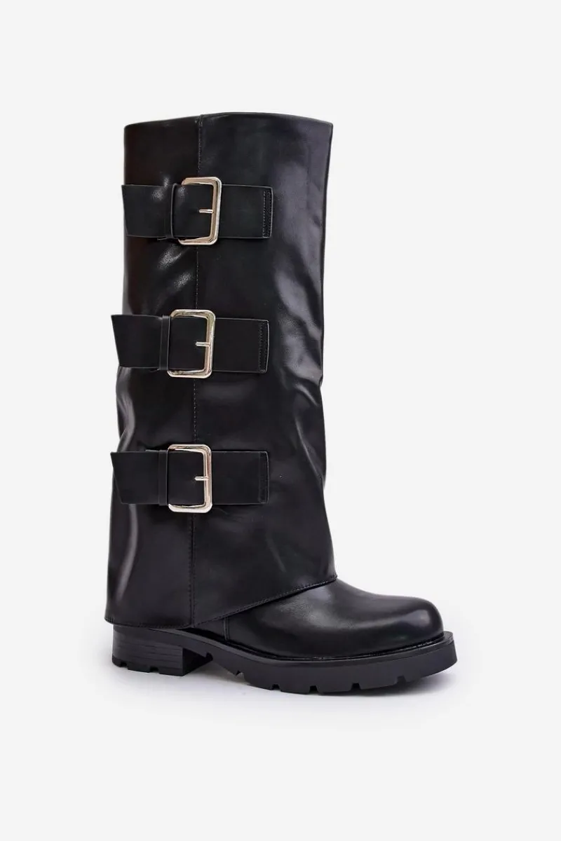 Best Boto Ocieplane Kozaki Z Wywiniętą Cholewką I Klamrami Czarne Cialetta