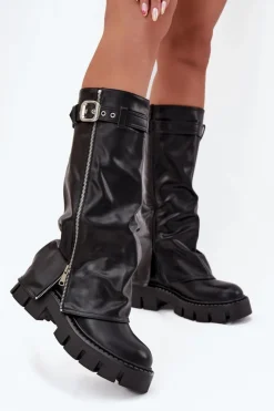 Best Ocieplane Kozaki Z Wywiniętą Cholewką Klamrą I Srebrnym Zamkiem Czarne Armena Damskie Kozaki Ocieplane|Kozaki Z Wywiniętą Cholewką