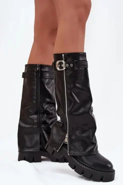 Best Ocieplane Kozaki Z Wywiniętą Cholewką Klamrą I Srebrnym Zamkiem Czarne Armena Damskie Kozaki Ocieplane|Kozaki Z Wywiniętą Cholewką