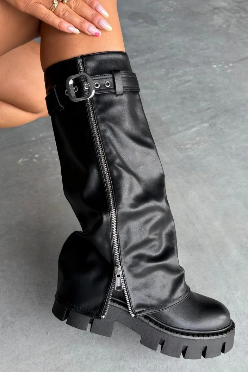 Best Ocieplane Kozaki Z Wywiniętą Cholewką Klamrą I Srebrnym Zamkiem Czarne Armena Damskie Kozaki Ocieplane|Kozaki Z Wywiniętą Cholewką