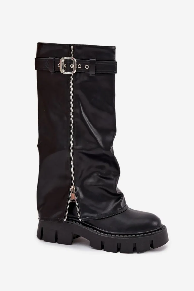 Best Ocieplane Kozaki Z Wywiniętą Cholewką Klamrą I Srebrnym Zamkiem Czarne Armena Damskie Kozaki Ocieplane|Kozaki Z Wywiniętą Cholewką