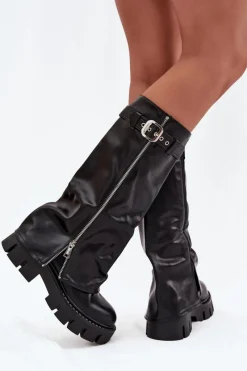 Best Ocieplane Kozaki Z Wywiniętą Cholewką Klamrą I Srebrnym Zamkiem Czarne Armena Damskie Kozaki Ocieplane|Kozaki Z Wywiniętą Cholewką
