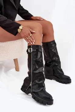 Best Ocieplane Kozaki Z Wywiniętą Cholewką Klamrą I Srebrnym Zamkiem Czarne Armena Damskie Kozaki Ocieplane|Kozaki Z Wywiniętą Cholewką