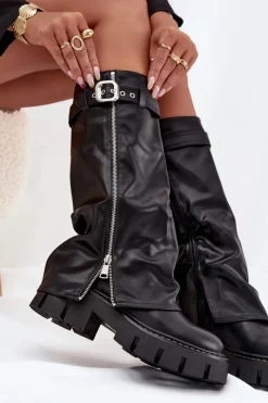 Best Ocieplane Kozaki Z Wywiniętą Cholewką Klamrą I Srebrnym Zamkiem Czarne Armena Damskie Kozaki Ocieplane|Kozaki Z Wywiniętą Cholewką