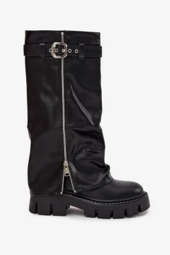 Best Ocieplane Kozaki Z Wywiniętą Cholewką Klamrą I Srebrnym Zamkiem Czarne Armena Damskie Kozaki Ocieplane|Kozaki Z Wywiniętą Cholewką