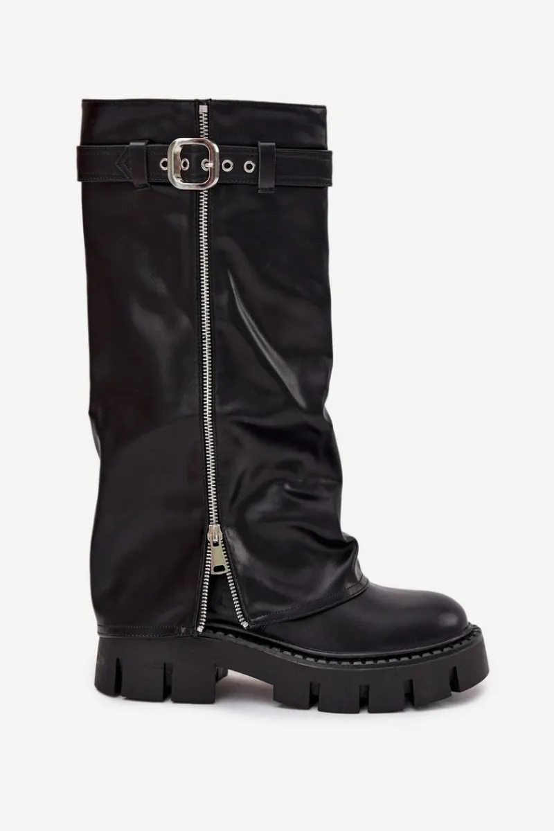 Best Ocieplane Kozaki Z Wywiniętą Cholewką Klamrą I Srebrnym Zamkiem Czarne Armena Damskie Kozaki Ocieplane|Kozaki Z Wywiniętą Cholewką