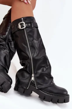 Best Ocieplane Kozaki Z Wywiniętą Cholewką Klamrą I Srebrnym Zamkiem Czarne Armena Damskie Kozaki Ocieplane|Kozaki Z Wywiniętą Cholewką