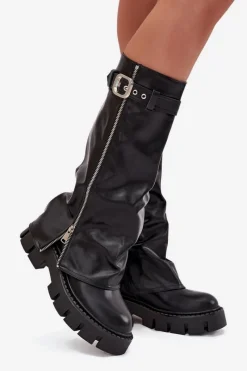 Best Ocieplane Kozaki Z Wywiniętą Cholewką Klamrą I Srebrnym Zamkiem Czarne Armena Damskie Kozaki Ocieplane|Kozaki Z Wywiniętą Cholewką